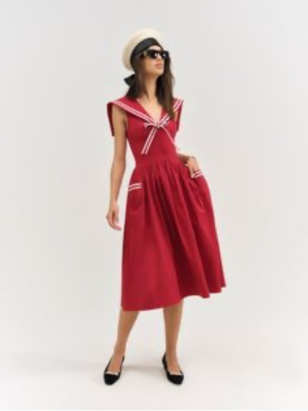 $279 NWT For Love And Lemons “Helena” Poplin Collared Midi Dress in Red Sz S